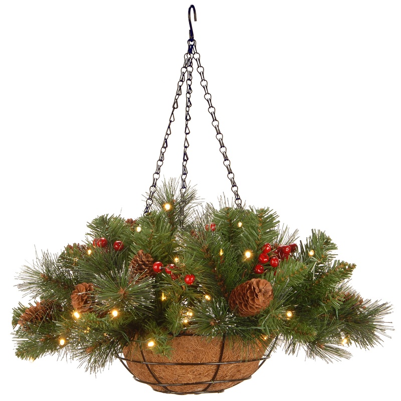 16 in. Pre-Lit Crestwood Spruce Hanging Basket with LED Lights