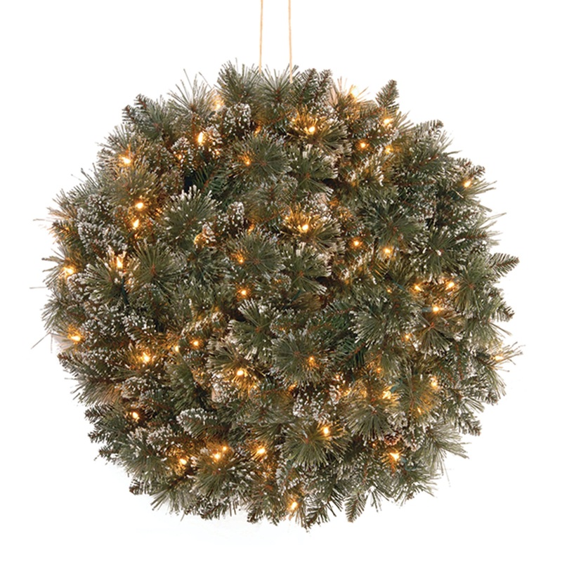 16 in. Pre-Lit Glittery Bristle Pine Kissing Ball with Battery Operated Warm White LED Lights