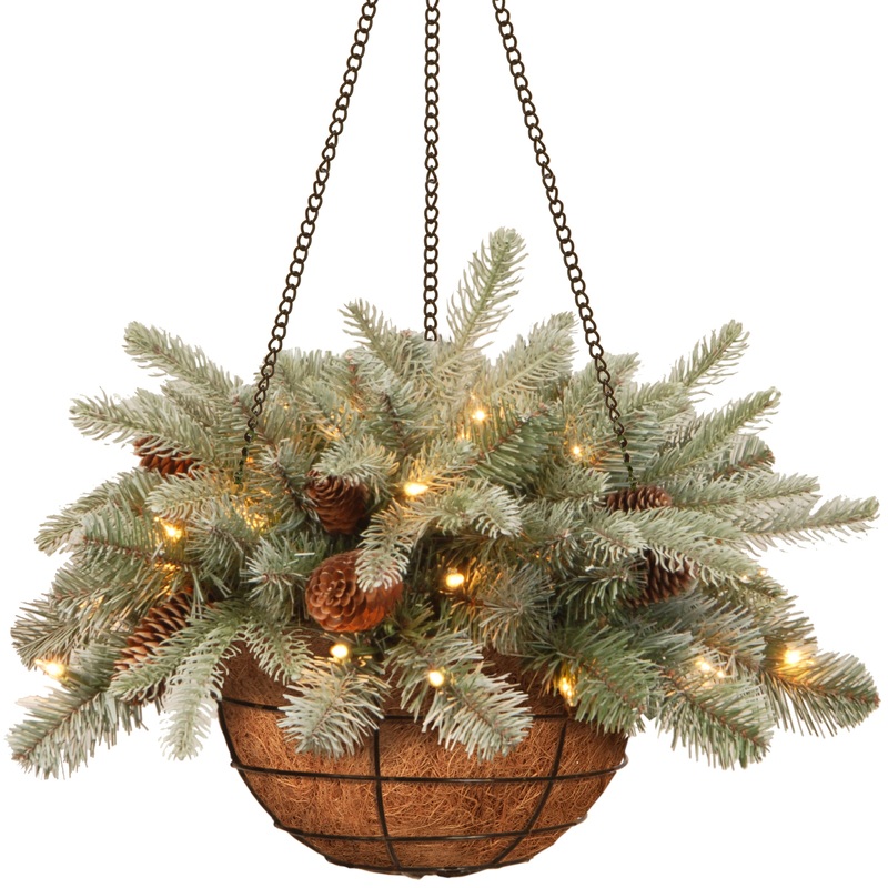 20 in. Pre-Lit Frosted Arctic Spruce Hanging Basket with Warm White LED Lights