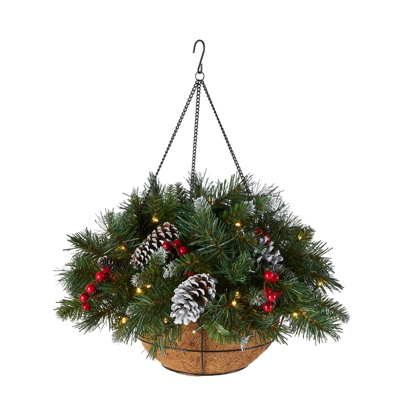 20 in. Pre-Lit  Frosted Berry Hanging Basket with LED Lights