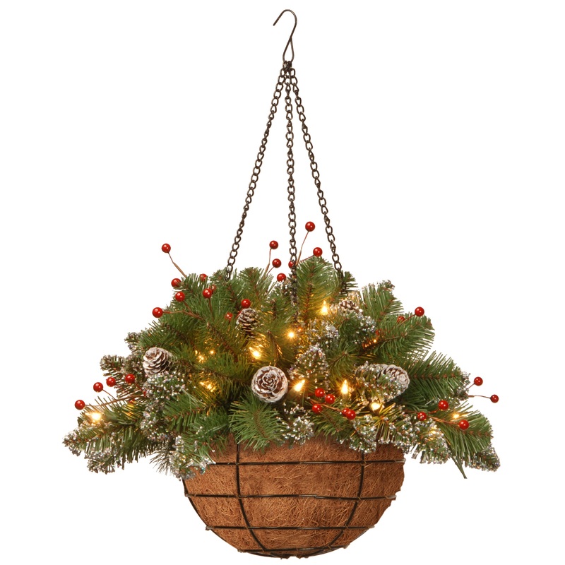 20 in. Pre-Lit Glittery Mountain Spruce Hanging Basket with LED Lights