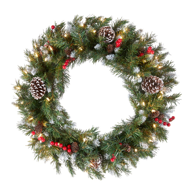 24 in. Pre-Lit Frosted Berry Wreath with Clear Lights, Plug-In