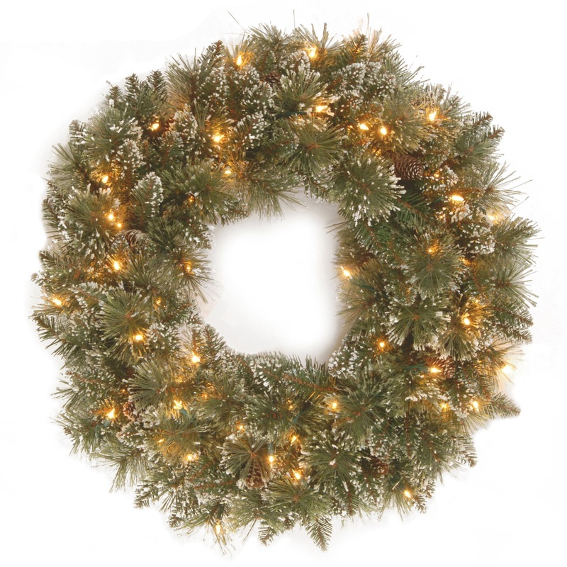 24 in. Pre-Lit Glittery Bristle Pine Wreath with Twinkly LED Lights, Plug-In