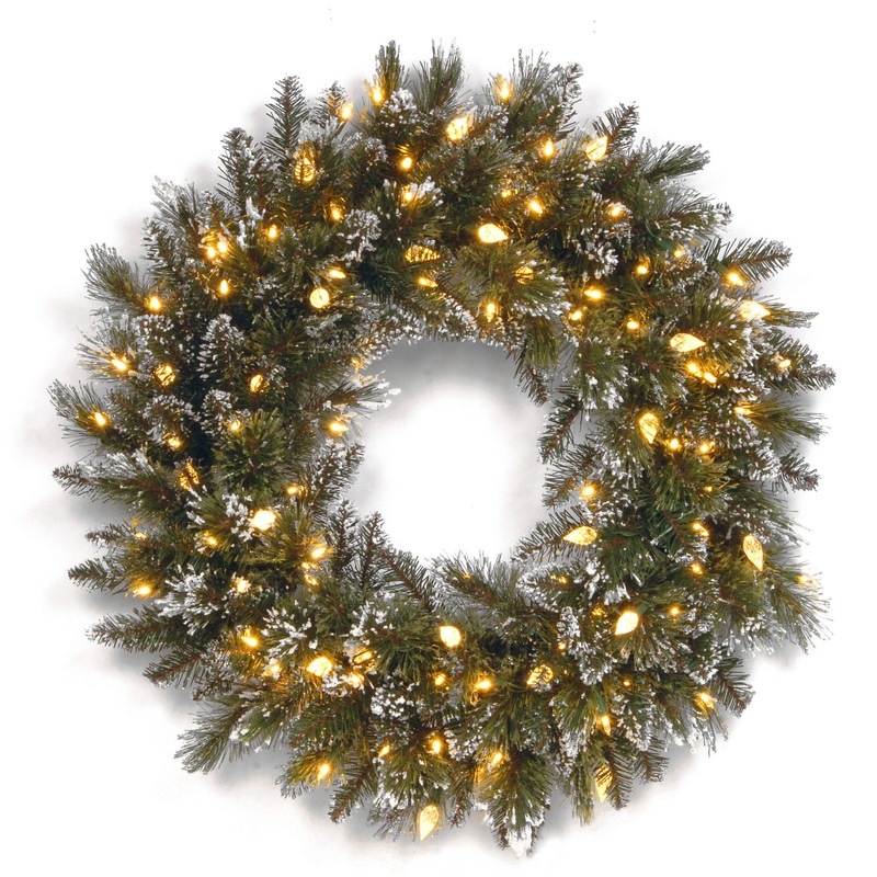 24 in. Pre-Lit Glittery Bristle Pine Wreath with Warm White LED Lights, Plug-In