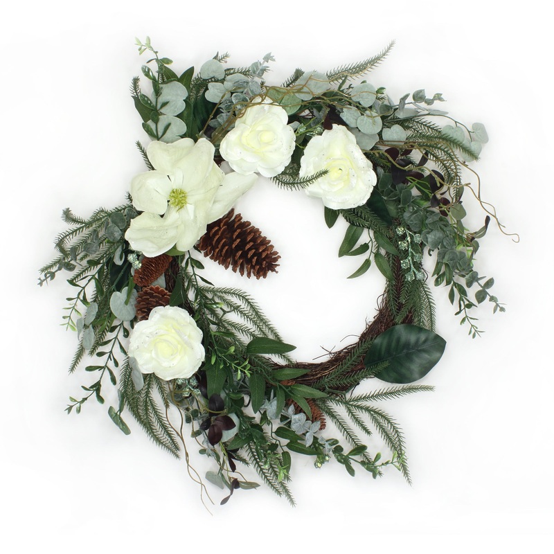26 in. Mixed Greens and White Flowers Decorated Wreath