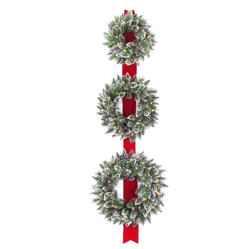 26 in. Pre-Lit Glittery Bristle Triple Wreath with LED Lights