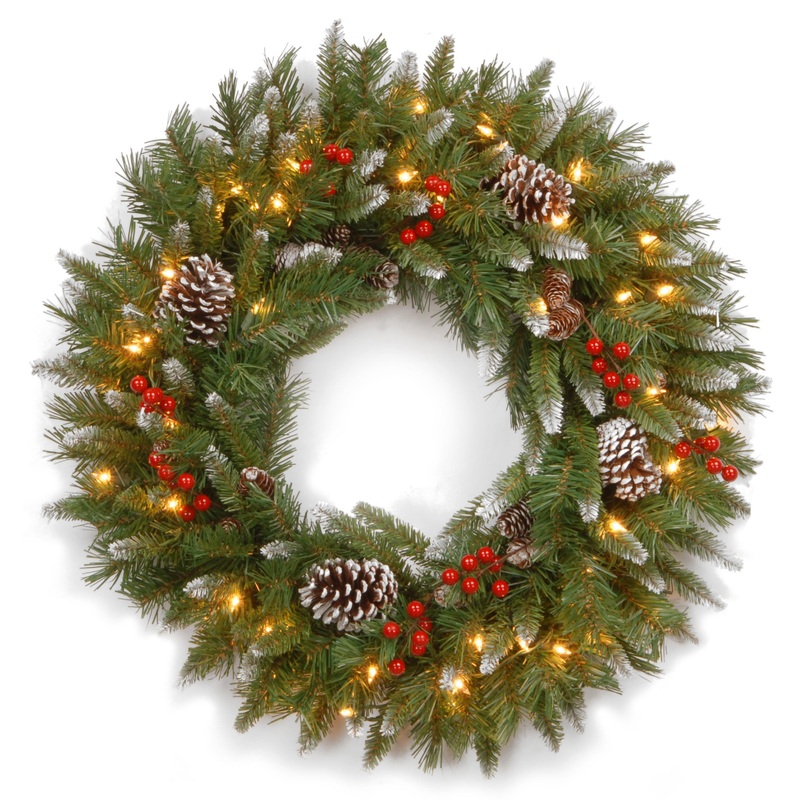 30 in. Pre-Lit Frosted Berry Wreath with Clear Lights, Plug-In