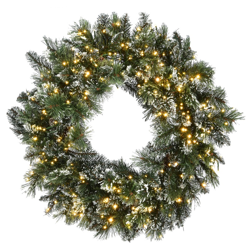 30 in. Pre-Lit Glittery Bristle Pine Wreath with Dual Color LED Cosmic Lights, Plug-In