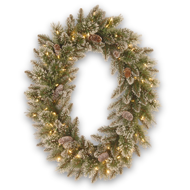 30 in. Pre-Lit Glittery Bristle Pine Wreath with Warm White LED Lights