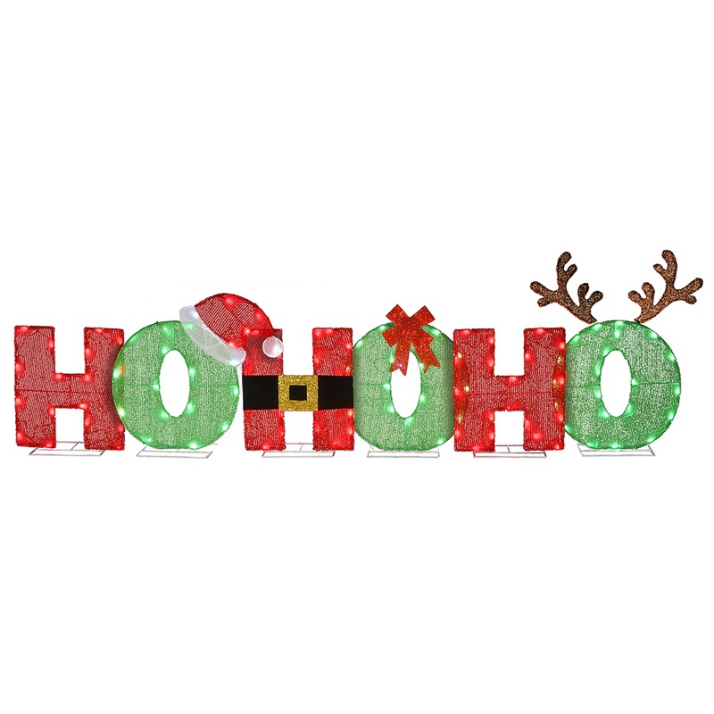 23 in. Tinsel Fabric HO HO HO Sign with Red and Cool White LED Lights, Plug-In