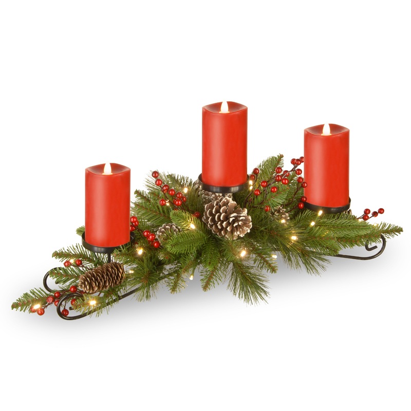 30 in. Pre-Lit Bristle Berry Candle Holder Centerpiece with LED lights