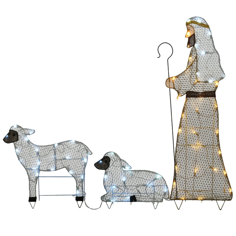 41 in., 18 in. and 12 in. Fabric Glitter Shepherd and Sheep Set with Warm and Cool White Steady LED Lights, Plug-In
