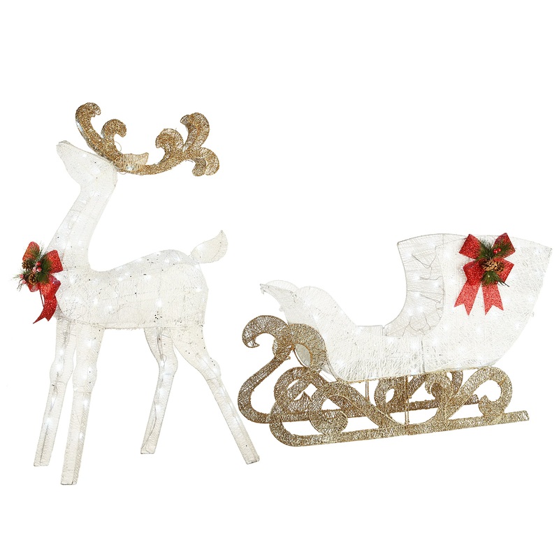 48 in. Pre Lit Sisal Reindeer and Sleigh Decoration with Cool White LED Lights, Plug-In