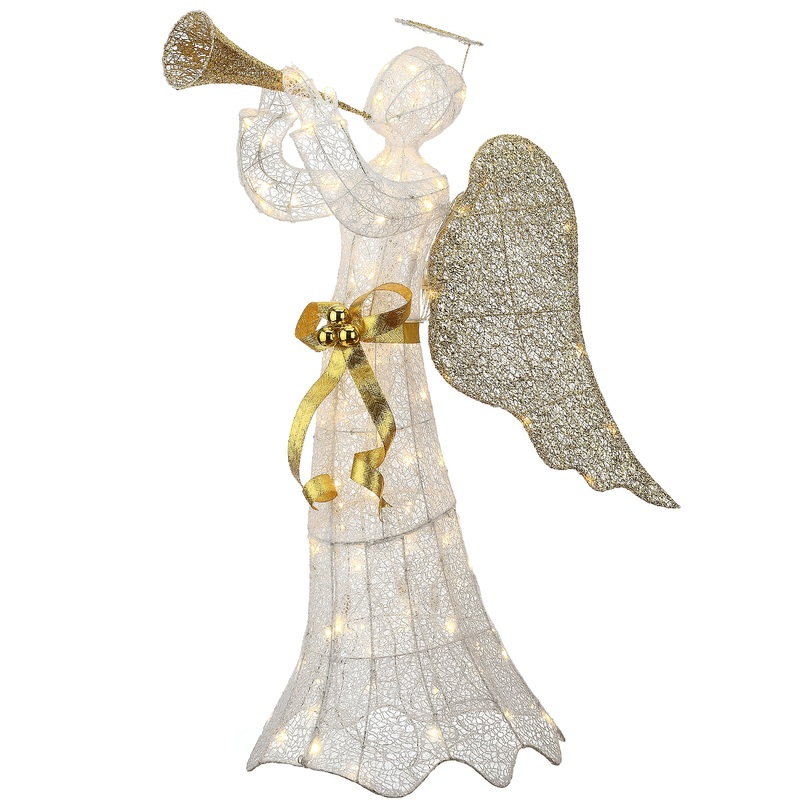 51 in. Trumpeting Gold and White Angel with Warm White LED Lights, Plug-In