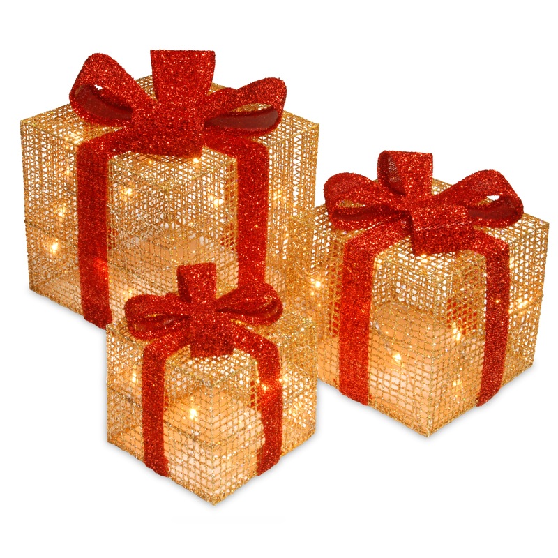 Pre-Lit Gold Gift Boxes, Set of Three, 35 White Lights, Plug-In