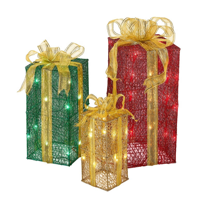 Pre-Lit Multicolor Gift Boxes, Set of Three, White Lights, Plug-In