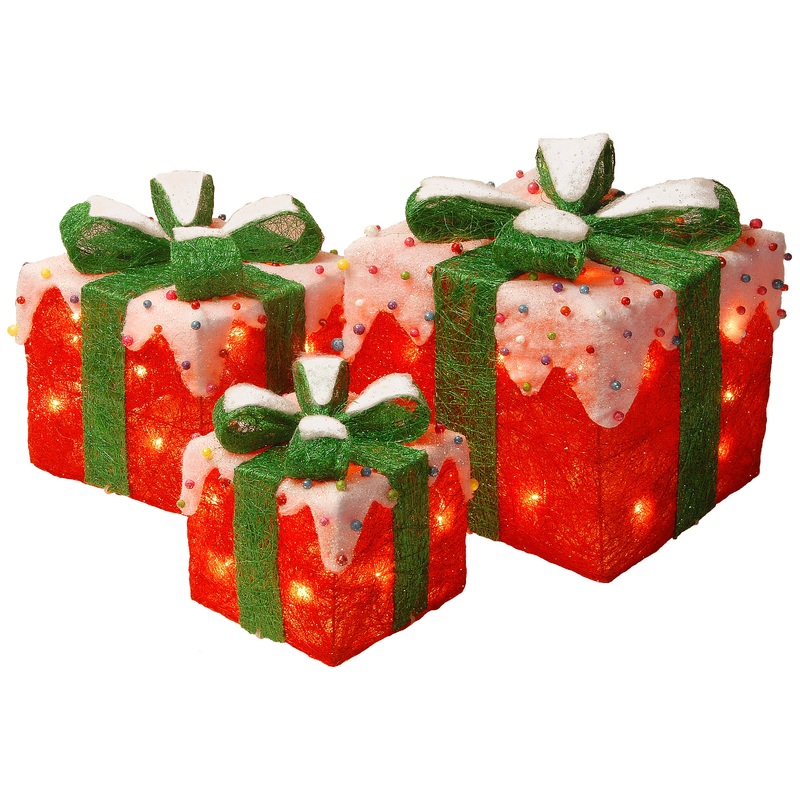 Pre-Lit Red and White Gift Boxes, Set of Three, White Lights, Plug-In
