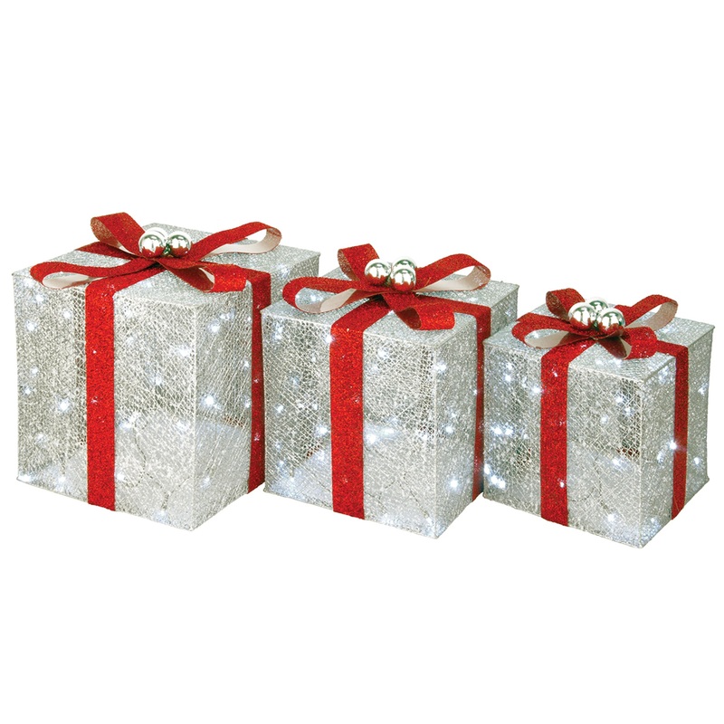 Pre-Lit Silver Gift Boxes, Set of Three, White Lights
