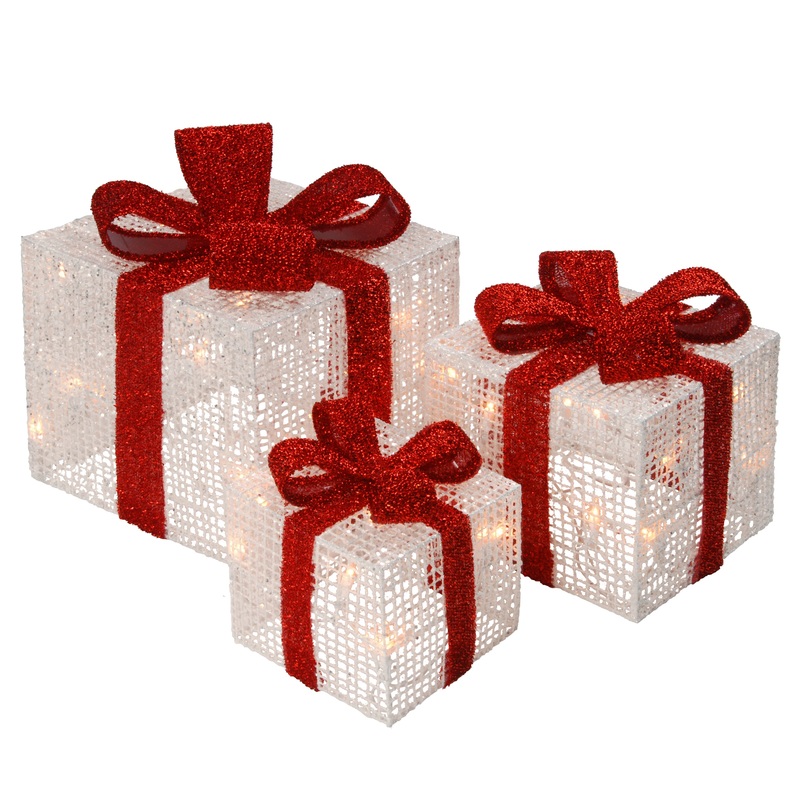Pre-Lit White Gift Boxes, Set of Three, White Lights, Plug-In