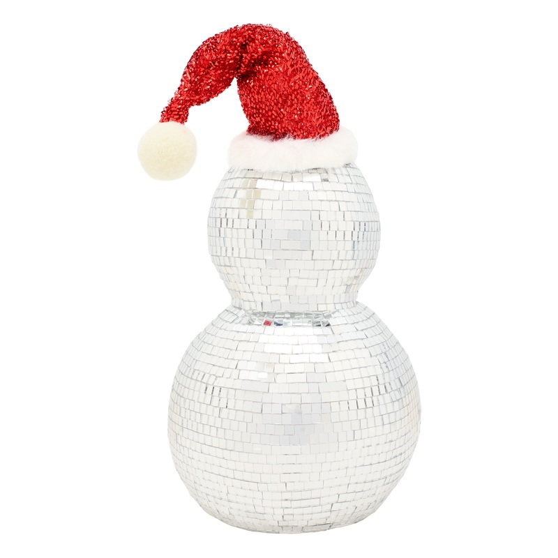 12 in. Disco Ball Snowman with Santa Hat