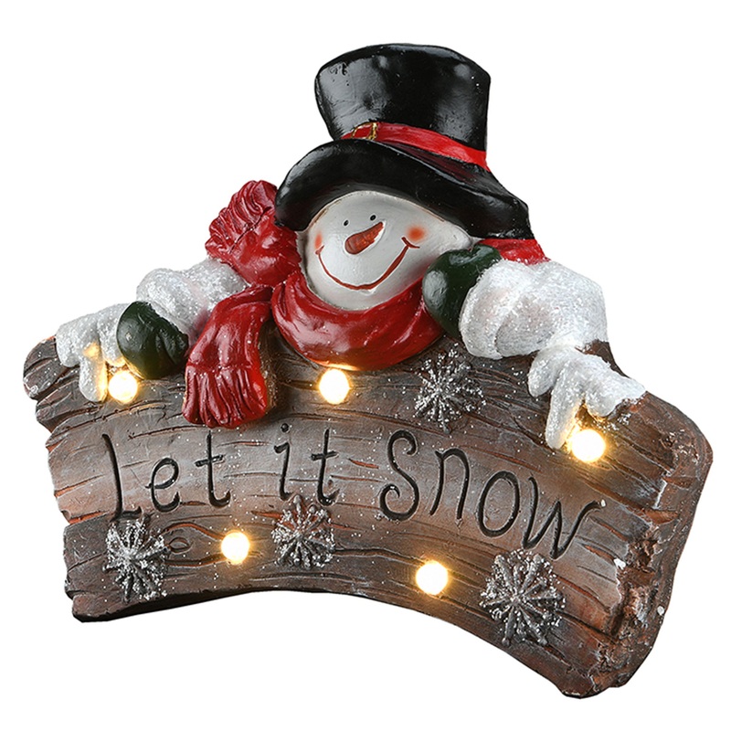 13 in. Snowman Holding Sign with Lights and Music