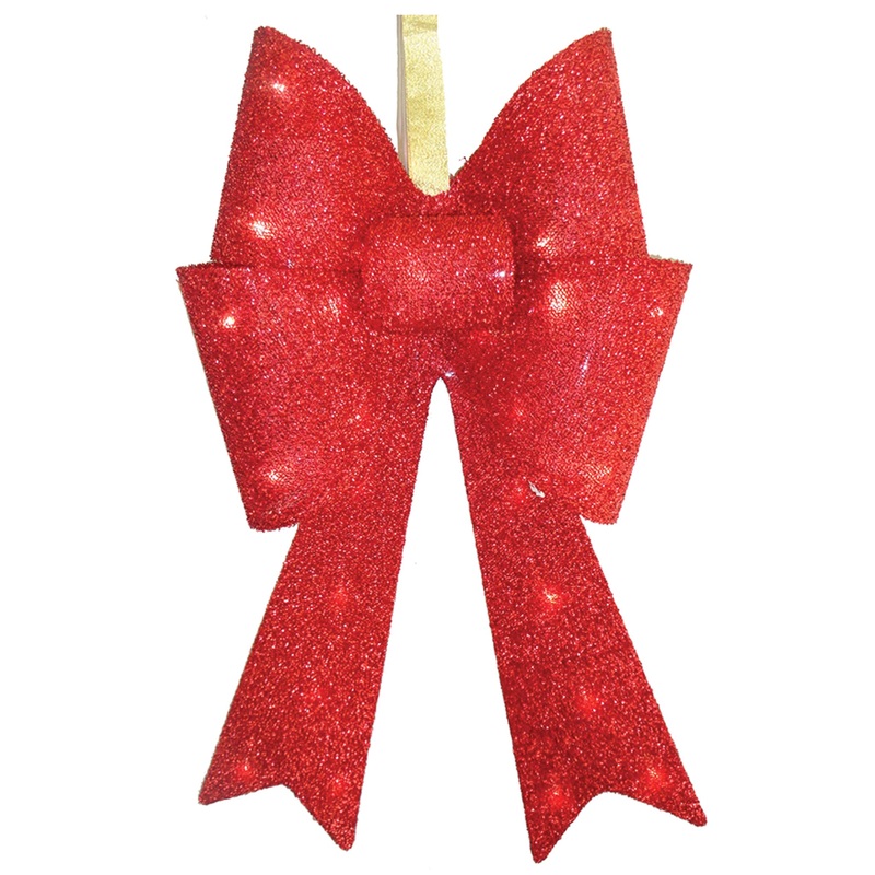 20 in. Pre-Lit Red Fabric Bow with Battery Operated LED Lights