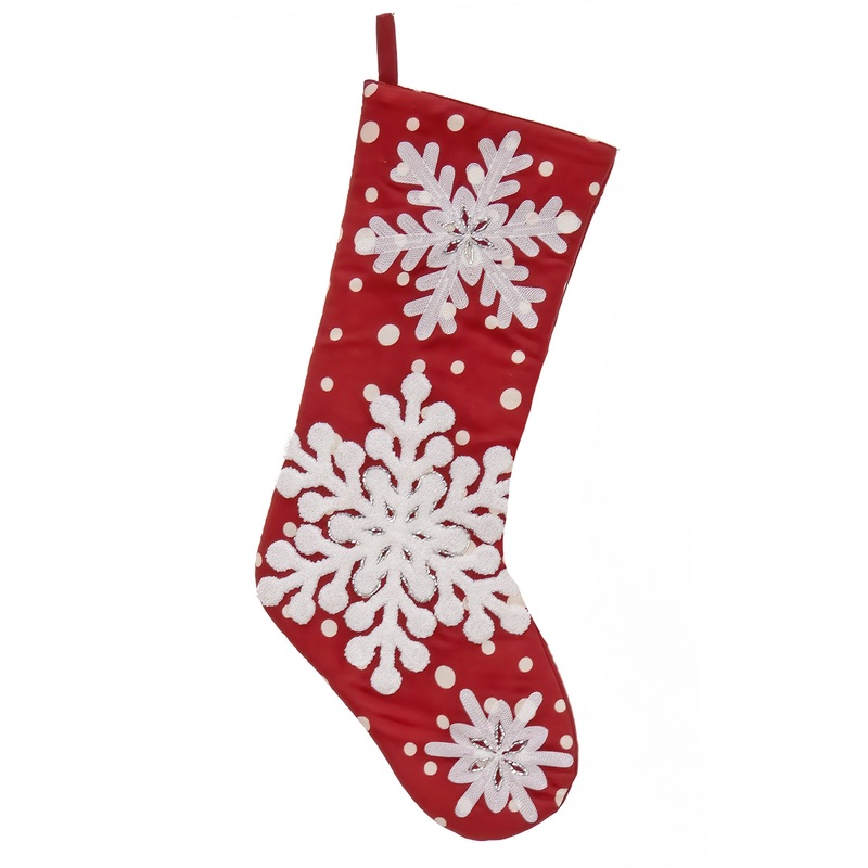 20 in. Red Stocking with Snowflake Embroidery, White Dots, and Bead Details