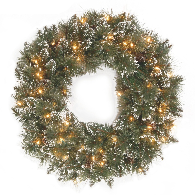 24 in. Glittery Bristle Pine Wreath with Clear Lights, Plug-In