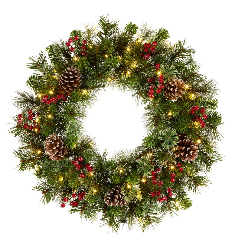 24 in. Iced Berry Pine Wreath with LED Lights