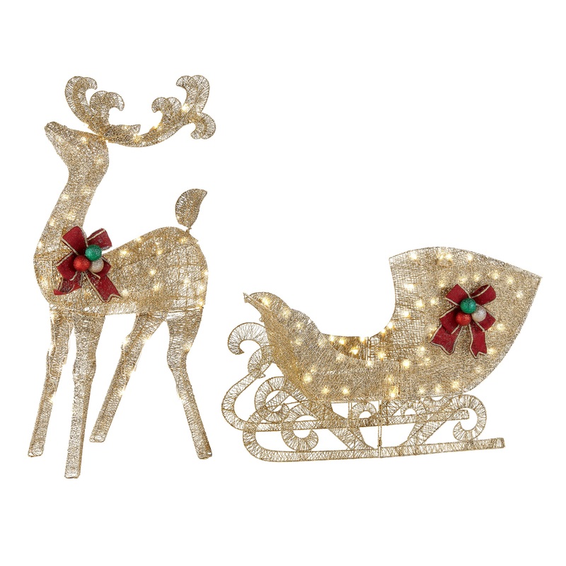 48 in. Champagne Reindeer Pulling 38 in. Sleigh, Plug-In