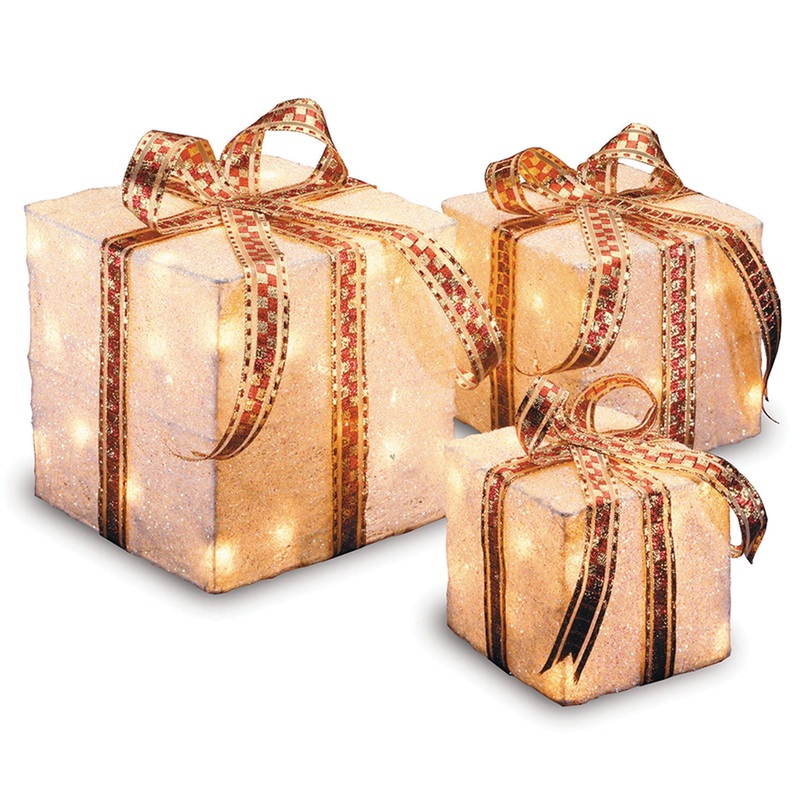 Pre-Lit White and Gold Gift Boxes, Set of Three, White Lights, Plug-In