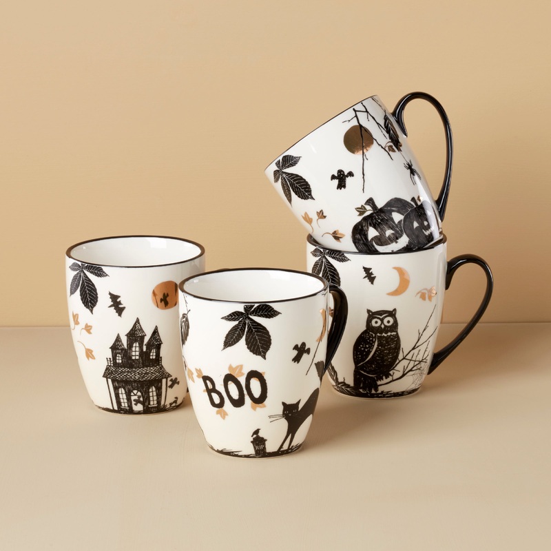 Vintage Haunted Halloween Mugs - Set of 4 - Assorted