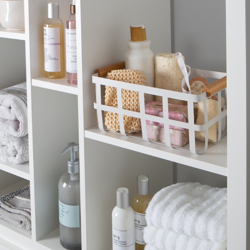 Simplify Metal Basket with Bamboo Handles in White