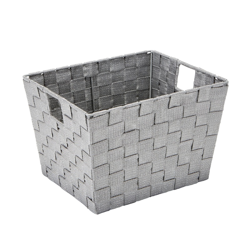 Simplify Medium Lurex Striped Woven Storage Bin in Grey/Silver