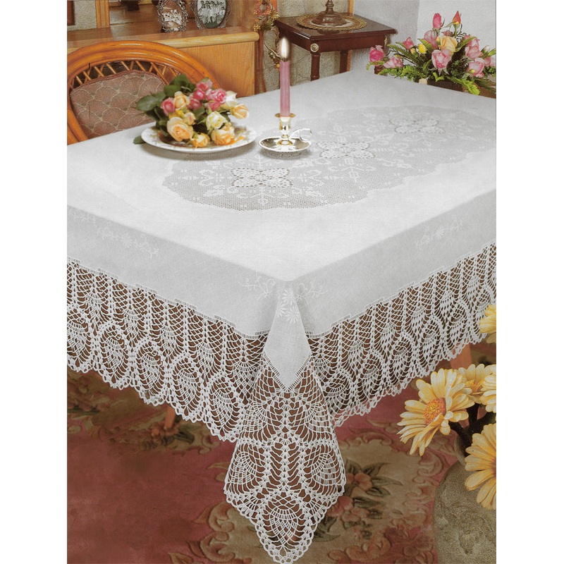 Bh Crochet Lace Vinyl Tablecloth White