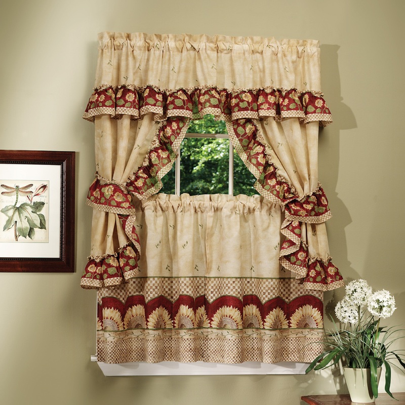 Sunflower Printed Kitchen Curtain With Attached Valance, 57x36 Inches