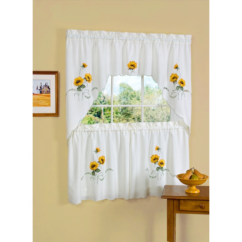 Sunshine Embellished Kitchen Curtain, Beige, 58x36 & 58x36 Inches