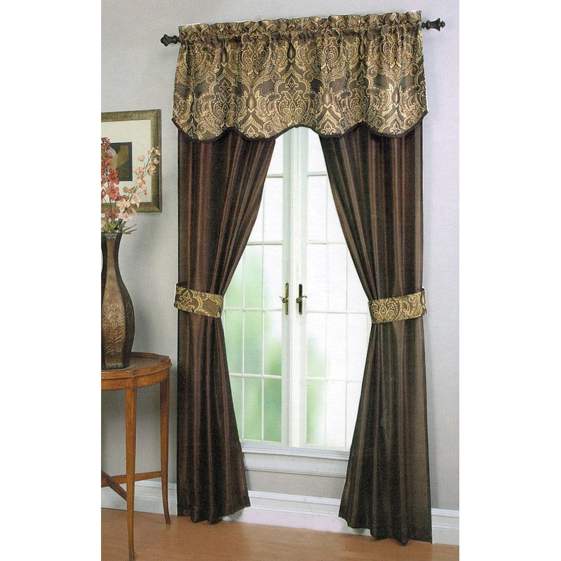 Unique 5-Piece Window Panel Set With Attached Jacquard Valance & Tieback Set, Brown, 54x84