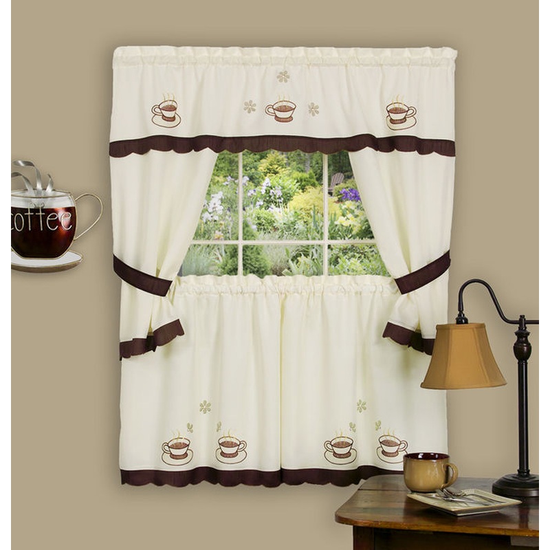 Cuppa Joe Brown Embellished Cottage Kitchen Curtain Set - 58x36 & 58x36