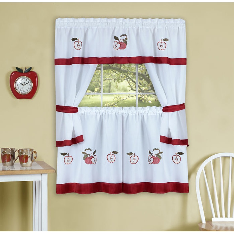 Gala Apple Embellished Cottage Kitchen Curtain Set, 58x36 & 58x36 Inches