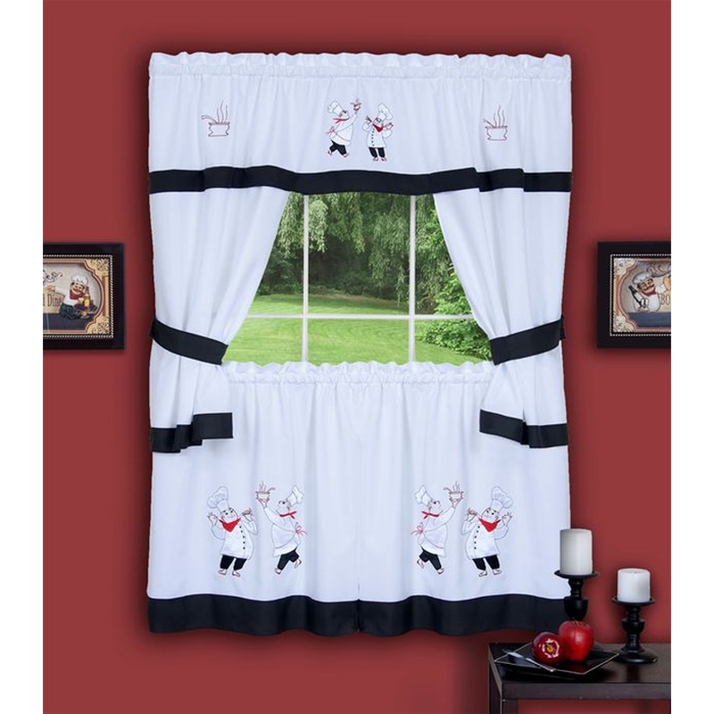 Gourmet Chef Embellished Cottage Kitchen Curtain Set, 58x36 & 58x36 Inches