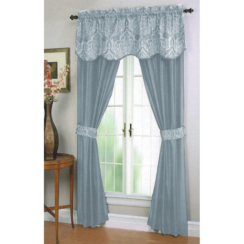 Unique 5-Piece Window Panel Set With Attached Jacquard Valance & Tieback Set, Blue, 54x84