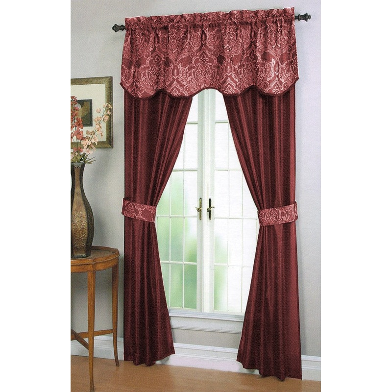 Unique 5-Piece Window Panel Set With Attached Jacquard Valance & Tieback Set, Dark Brick, 54x84