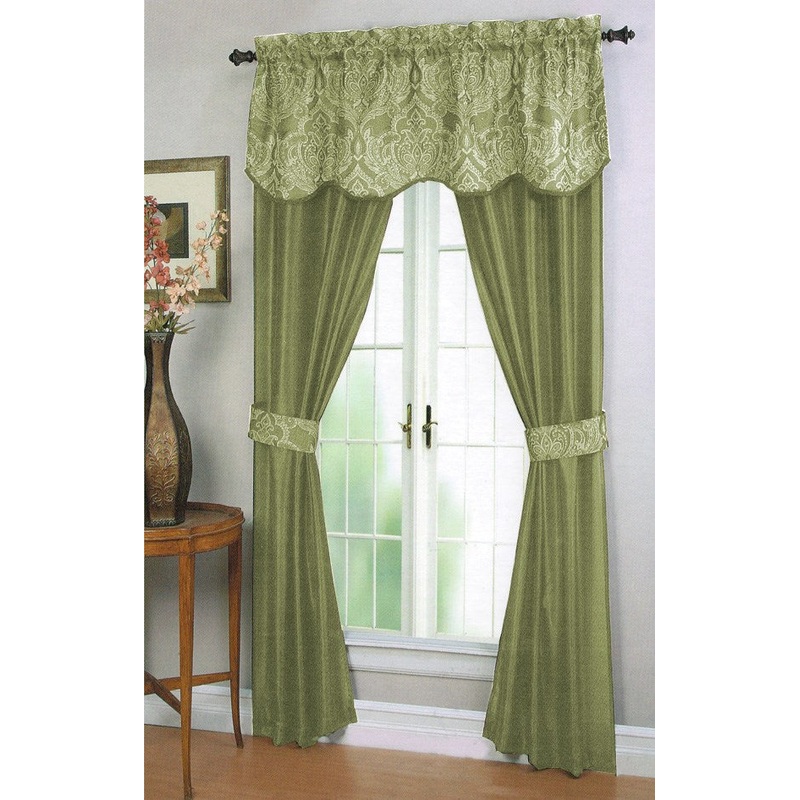 Unique 5-Piece Window Panel Set With Attached Jacquard Valance & Tieback Set, Green, 54x84