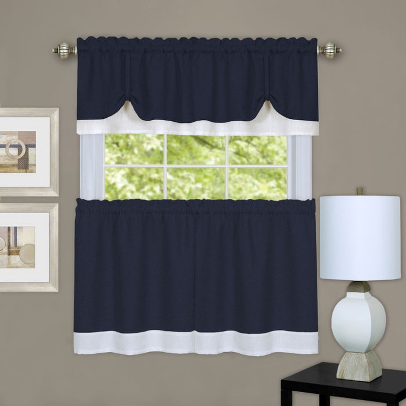 Darcy 3-Piece Kitchen Curtain Valance & Tiers set, Navy-White, 58x14 & 58x36