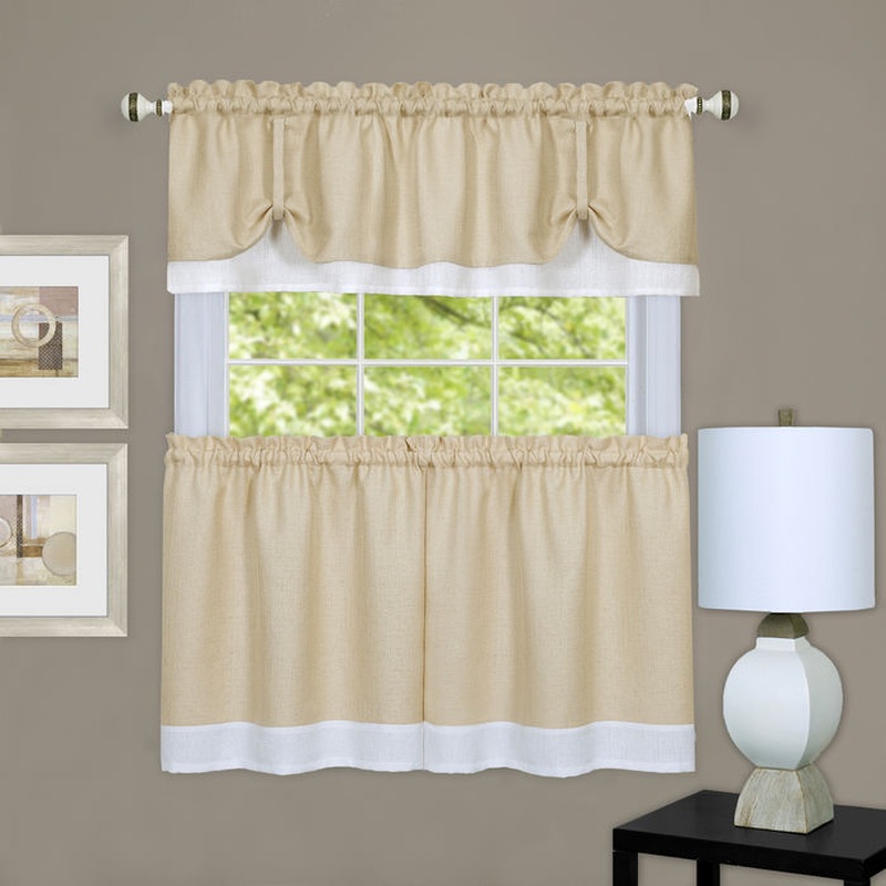 Darcy 3-Piece Kitchen Curtain Valance & Tiers set, Tan-White, 58x14 & 58x36