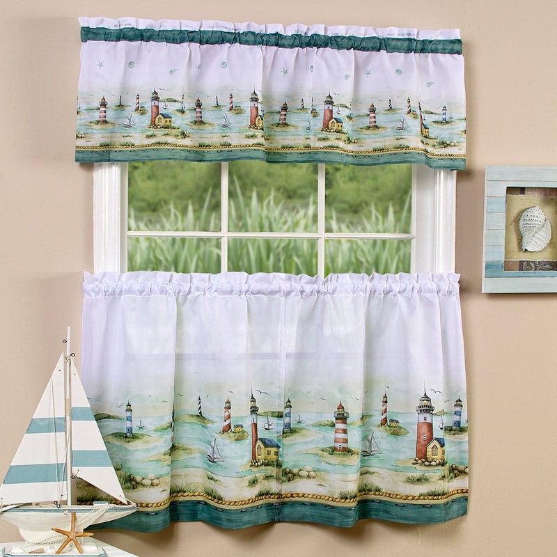 Hamptons Printed Kitchen Curtain Tiers & Valance Set, 58x13 & 58x36 Inches
