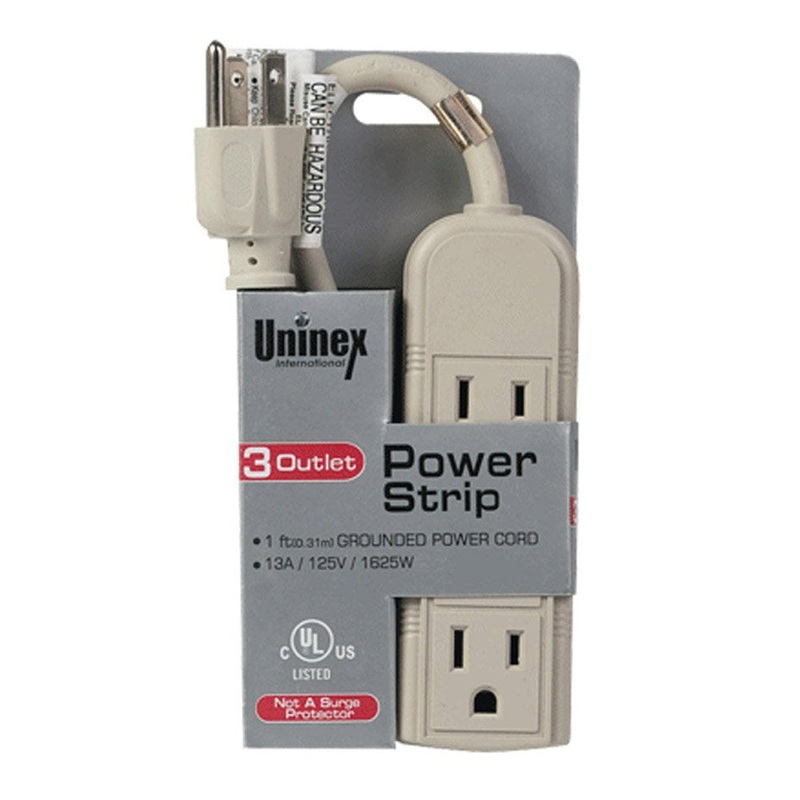 Uninex 3-outlet Mini Power Strip Cord, 1 Feet Long, Beige