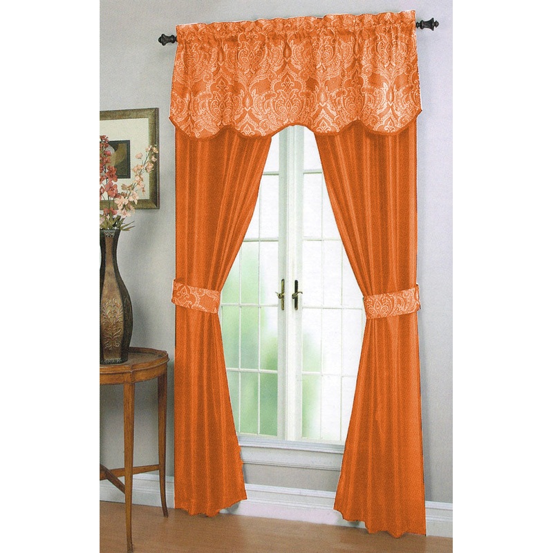 Unique 5-Piece Window Panel Set With Attached Jacquard Valance & Tieback Set, Persimmon, 54x84