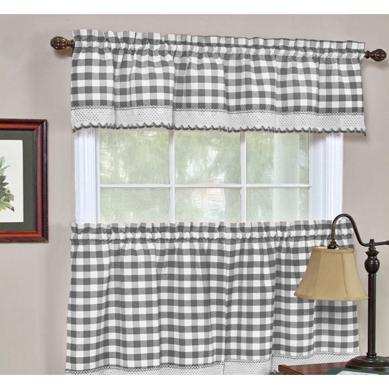 Buffalo Check Gingham Kitchen Curtain Separates, Grey, 58x14 & 58x36 Inches